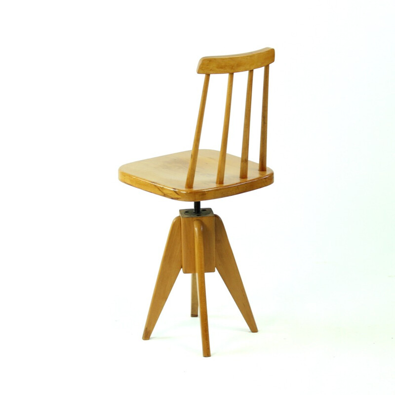 Vintage wooden swivel stool with backrest, Czechoslovakia - 1960s