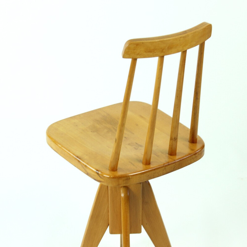 Vintage wooden swivel stool with backrest, Czechoslovakia - 1960s