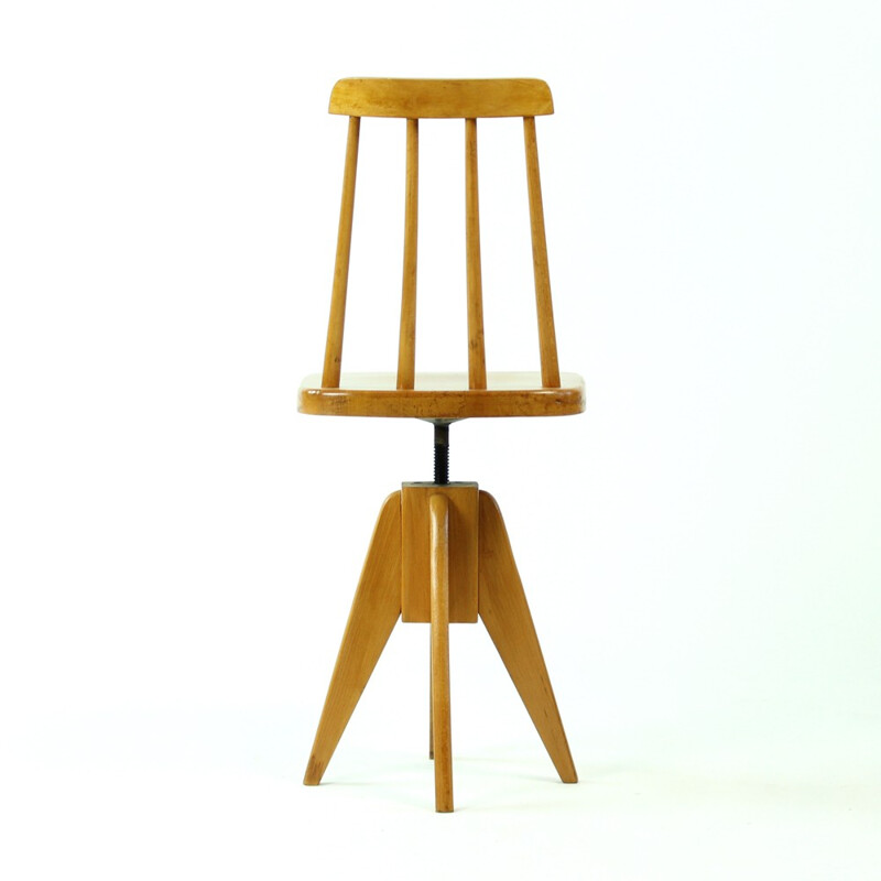 Tabouret vintage pivotant en bois avec dossier, Tchécoslovaquie - 1960