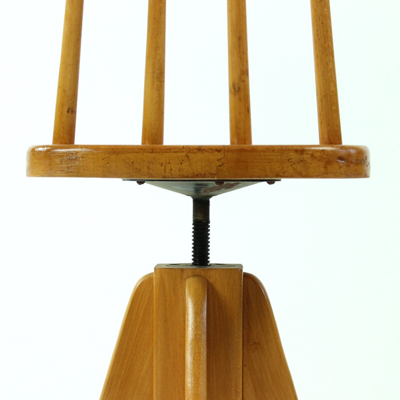 Vintage wooden swivel stool with backrest, Czechoslovakia - 1960s