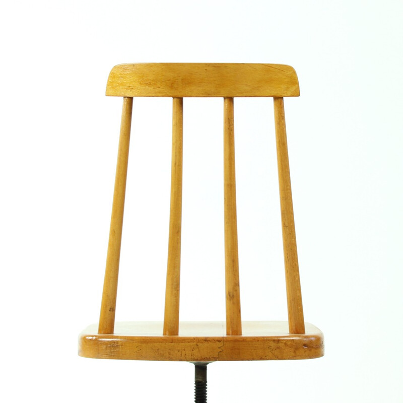 Vintage wooden swivel stool with backrest, Czechoslovakia - 1960s