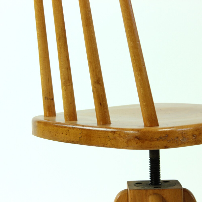 Vintage wooden swivel stool with backrest, Czechoslovakia - 1960s