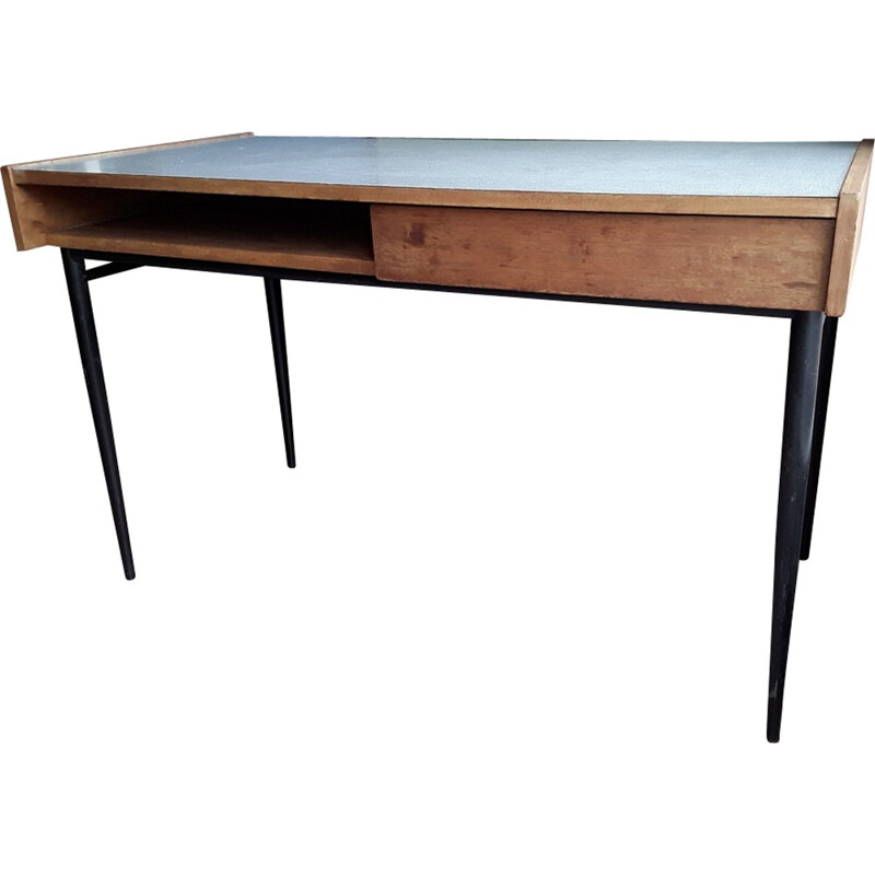 Vintage blond mahogany desk with black metal legs by Pierre Guariche, 1955