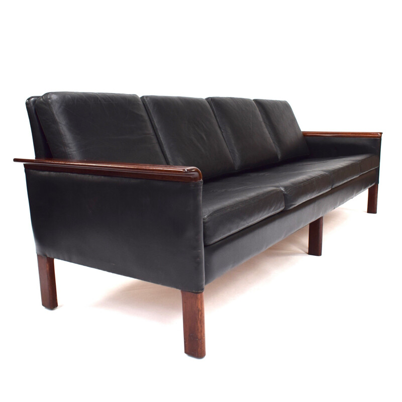 Vintage Scandinavian sofa by Hans Olsen in black leather 1950