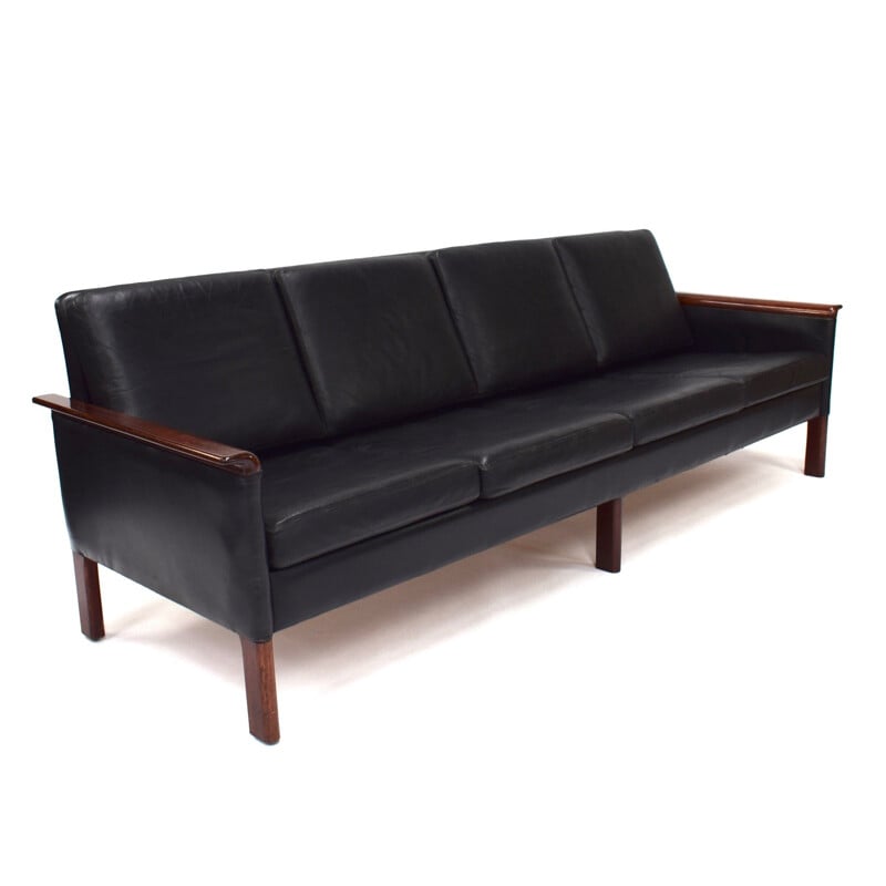 Vintage Scandinavian sofa by Hans Olsen in black leather 1950