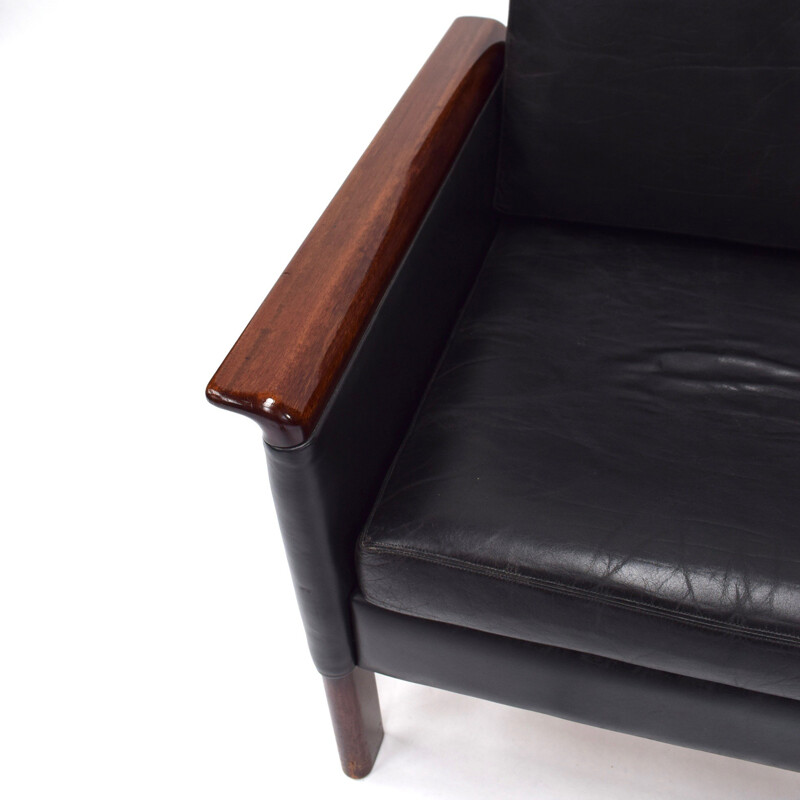 Vintage Scandinavian lounge chair by Hans Olsen in black leather 1950