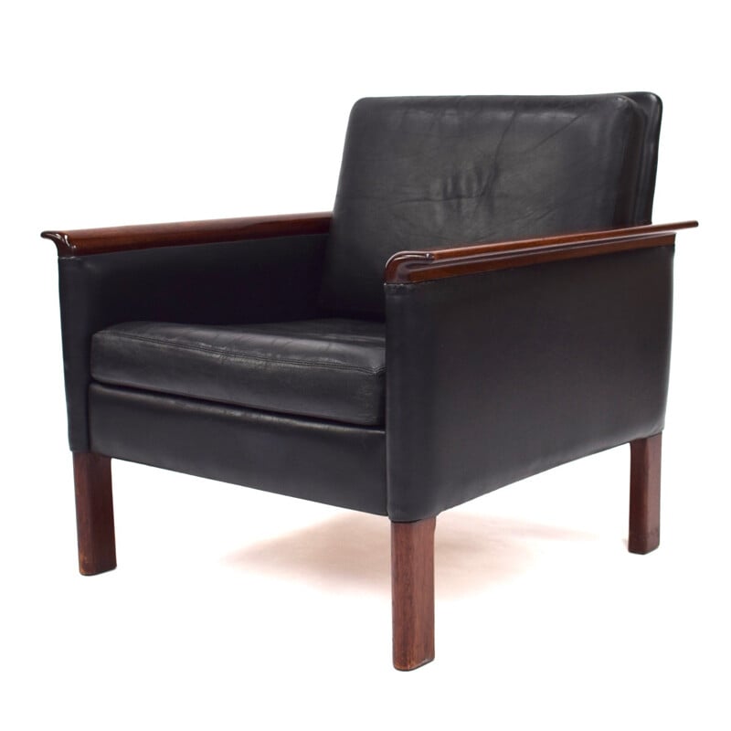 Vintage Scandinavian lounge chair by Hans Olsen in black leather 1950