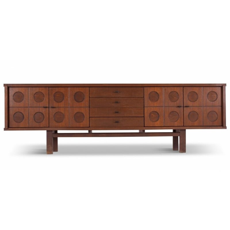 Vintage brutalist credenza in brown oak - 1970s