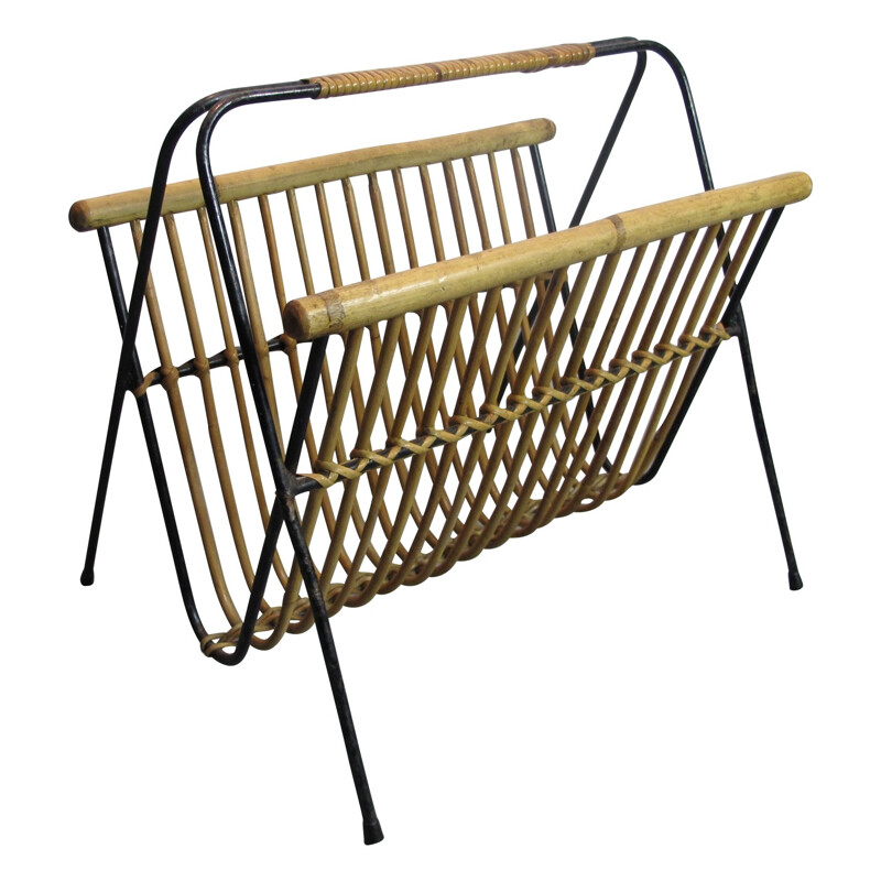 Magazine rack in rattan, steel and bamboo - 1950s