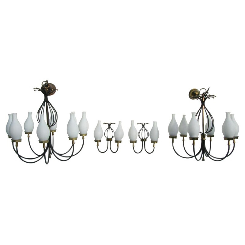 Set of 4 vintage chandeliers and wall lights in opaline, glass and brass- 1950s