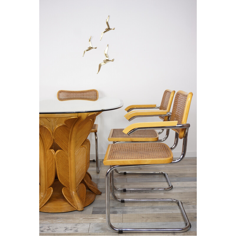 Table de salle à manger en rotin et plateau ovale en verre - 1970