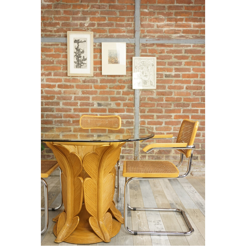 Vintage Rattan Dining Table and Oval Glass Top - 1970s