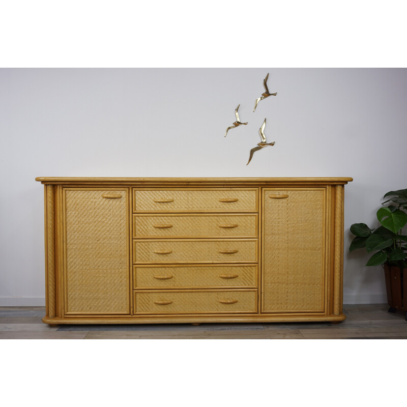 Vintage french wicker rattan and wooden sideboard - 1970s