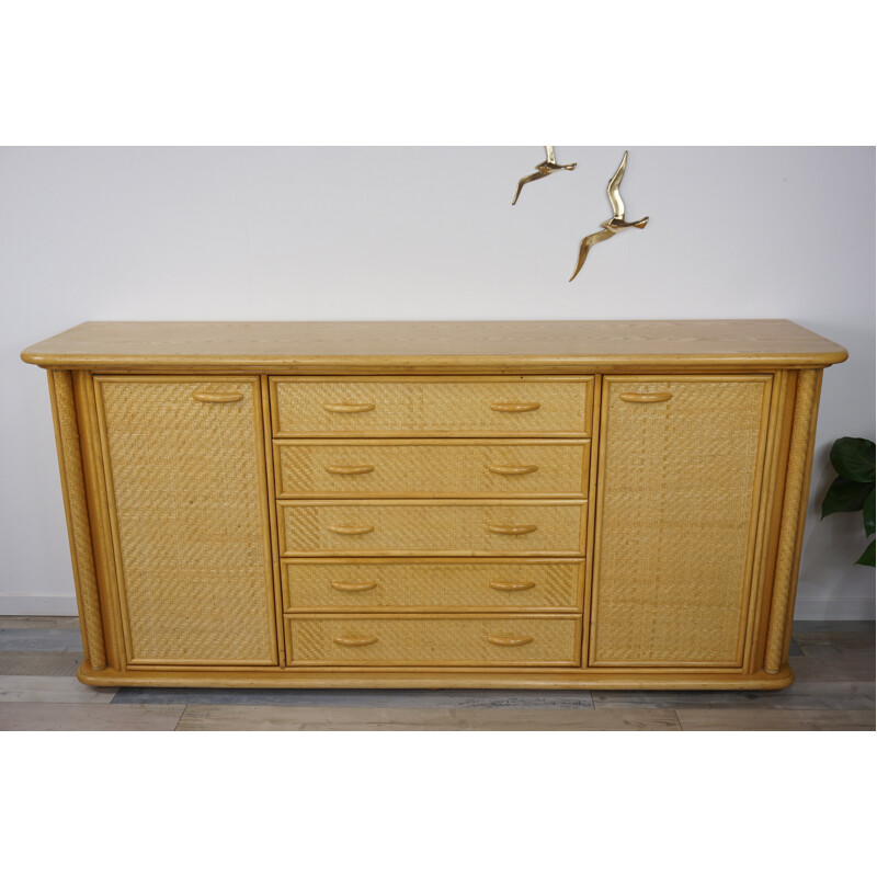 Vintage french wicker rattan and wooden sideboard - 1970s