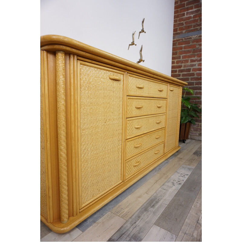 Vintage french wicker rattan and wooden sideboard - 1970s