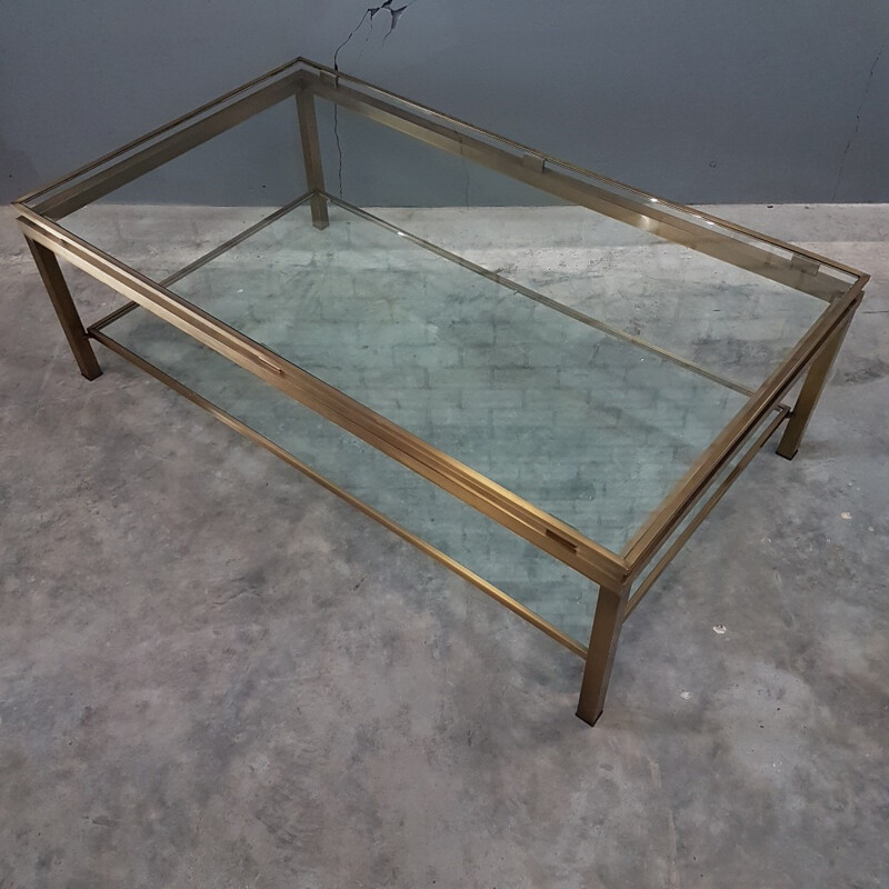 Brass Vintage coffee table with two glass shelves - 1970s