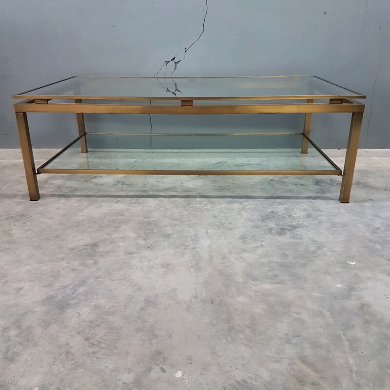Brass Vintage coffee table with two glass shelves - 1970s
