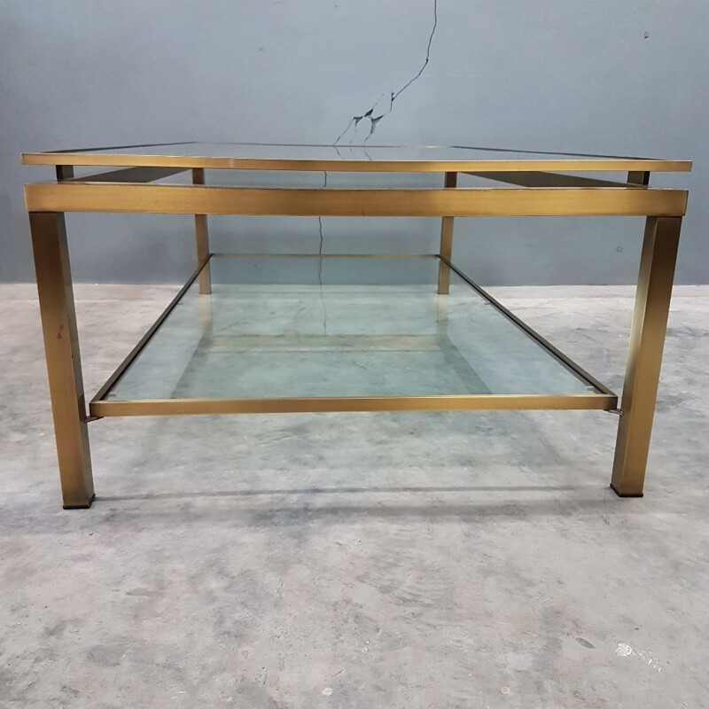 Brass Vintage coffee table with two glass shelves - 1970s