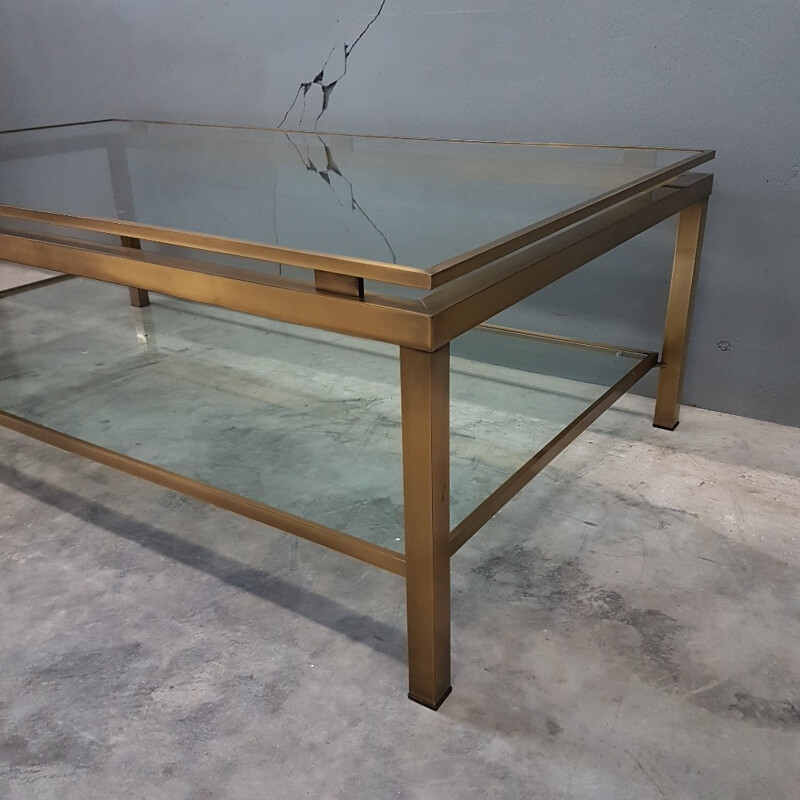 Brass Vintage coffee table with two glass shelves - 1970s