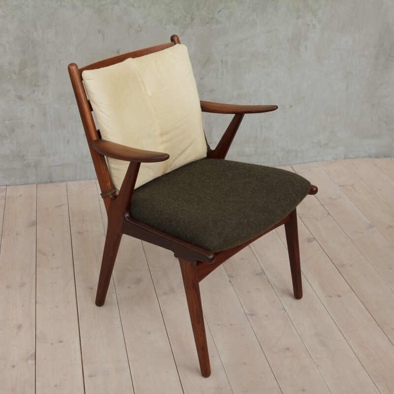 Danish teak Vintage armchair in wool and cowhide - 1950s