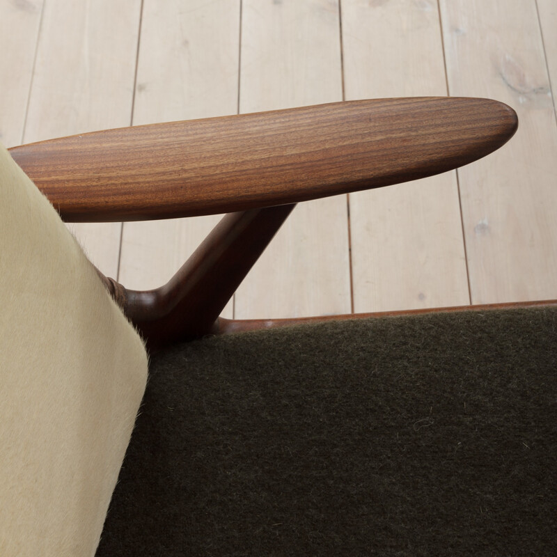 Danish teak Vintage armchair in wool and cowhide - 1950s