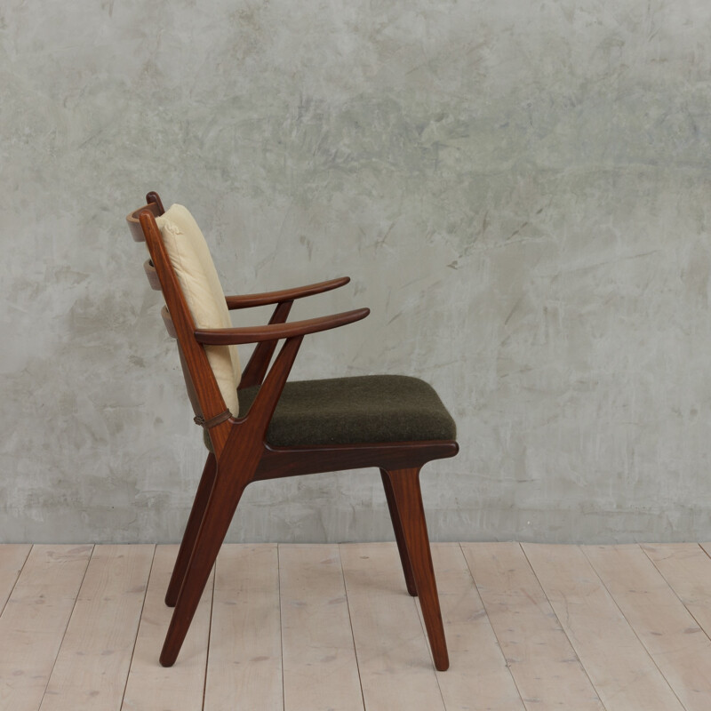 Fauteuil Vintage en teck danois en laine et cuir de vachette - 1950