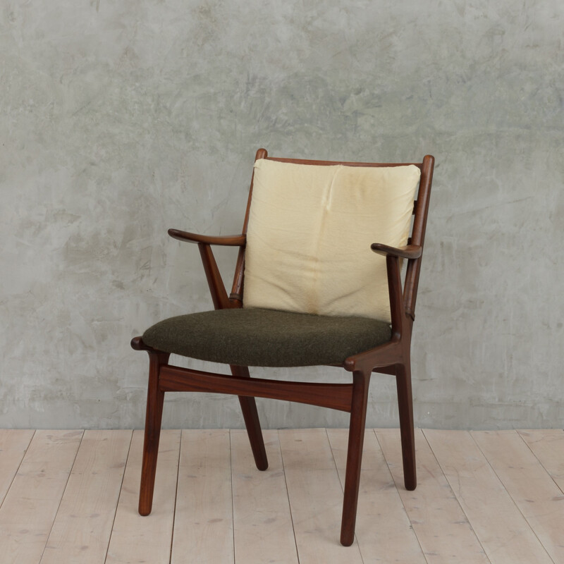 Danish teak Vintage armchair in wool and cowhide - 1950s