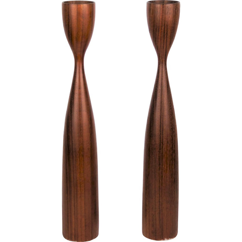 Pair of Scandinavian teak candlesticks - 1960s 