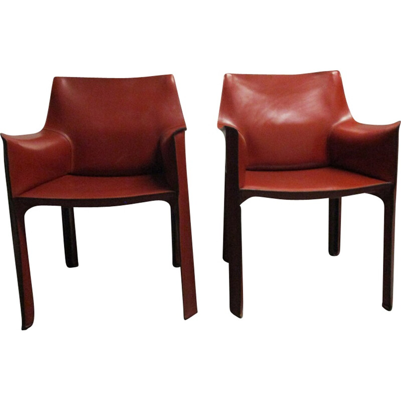 Armchair 413 CAB by Mario Bellini in red brown leather for Cassina - 1960s