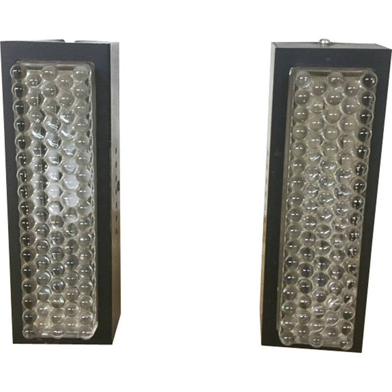 Vintage pair of glass and metal wall lamps - 1970s