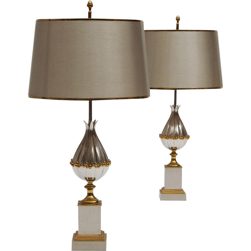 Set of 2 vintage "Lotus" table lamps in gilt bronze by Maison Charles, 1960