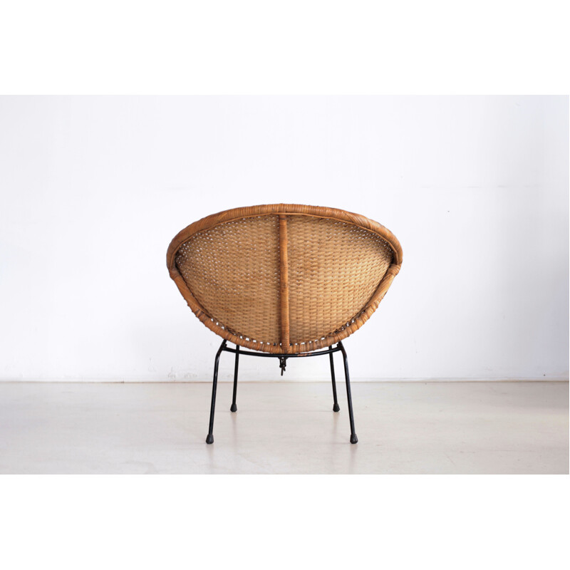 Vintage French wicker rattan armchair and base in black lacquered metal - 1950s