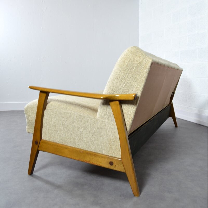 Canapé-lit scandinave revêtement en toile de laine écru - 1960