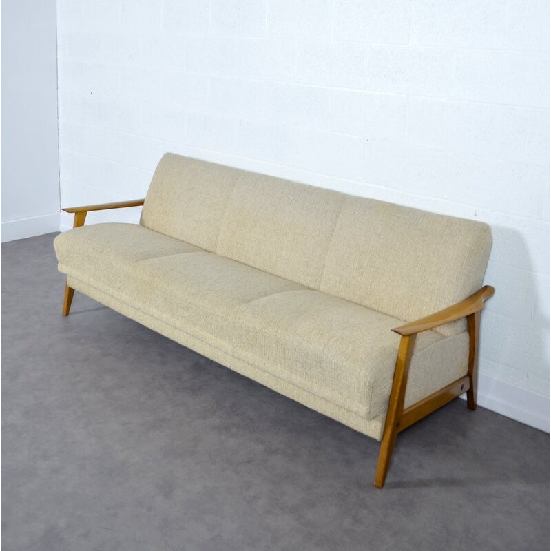 Canapé-lit scandinave revêtement en toile de laine écru - 1960