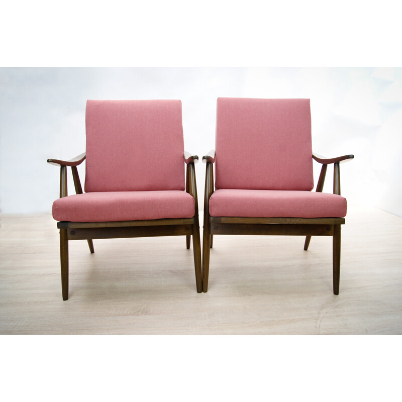 Vintage pair of pink armchairs by TON, Czechoslovakian - 1960s