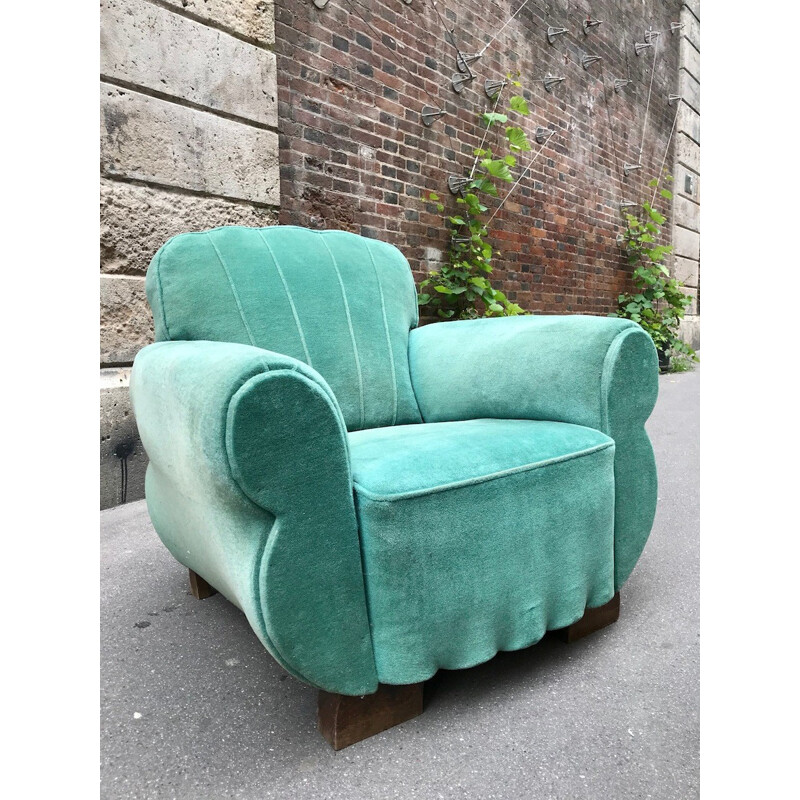 Vintage "Club" armchair in turquoise velvet - 1950s