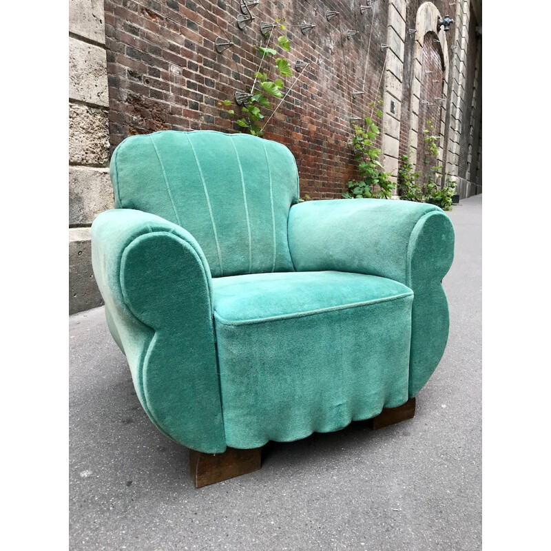 Fauteuil club vintage en velours turquoise - 1950