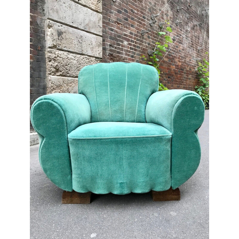 Vintage "Club" armchair in turquoise velvet - 1950s
