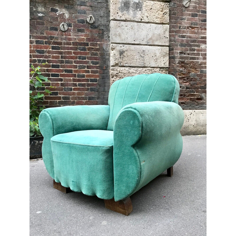 Fauteuil club vintage en velours turquoise - 1950