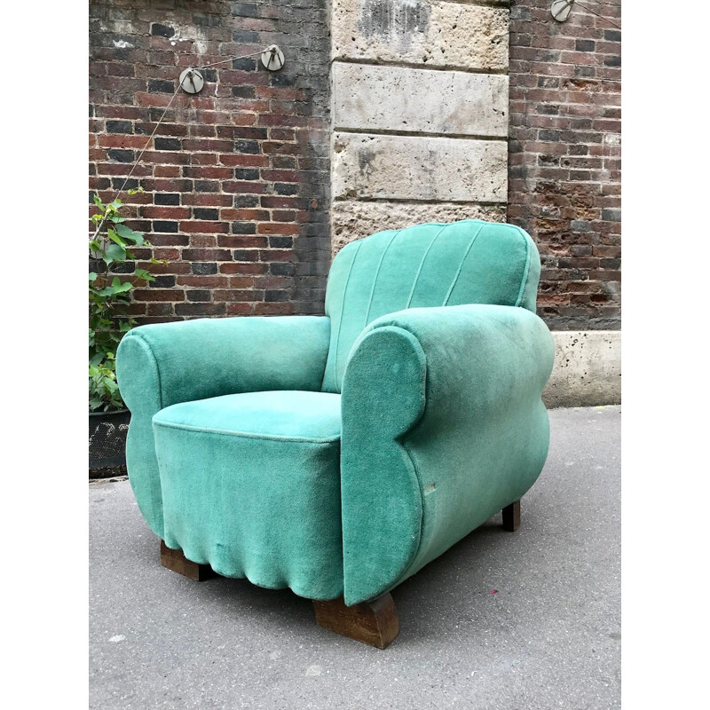 Vintage "Club" armchair in turquoise velvet - 1950s