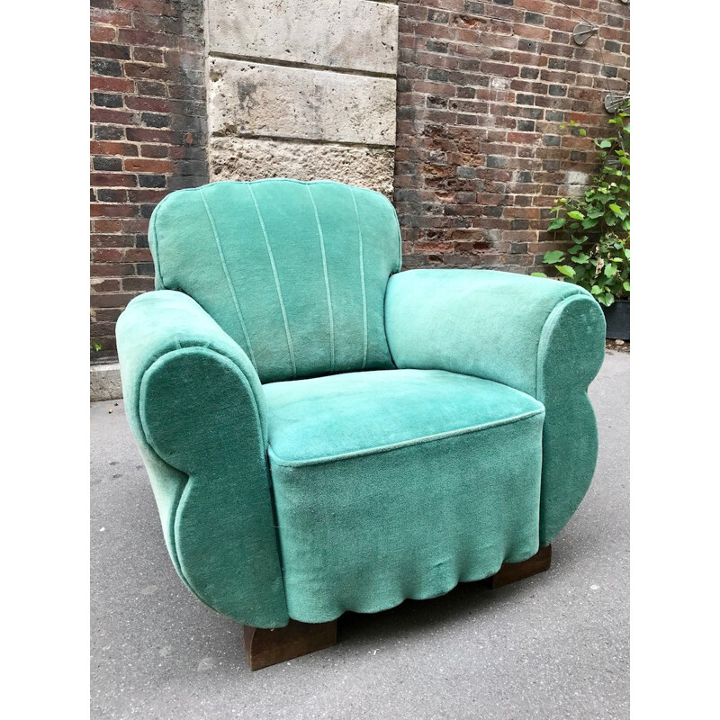 Vintage "Club" armchair in turquoise velvet - 1950s