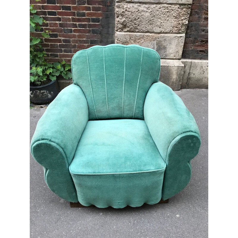 Vintage "Club" armchair in turquoise velvet - 1950s