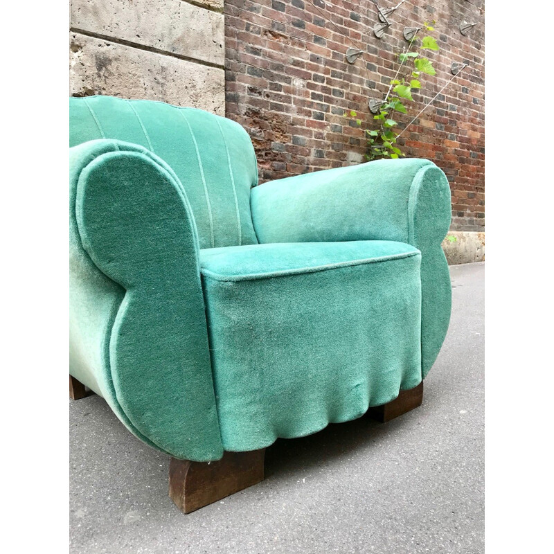 Vintage "Club" armchair in turquoise velvet - 1950s