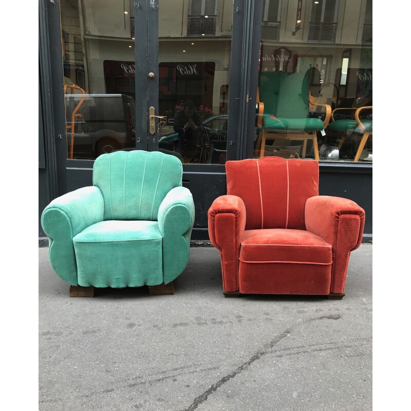 Fauteuil club vintage en velours turquoise - 1950