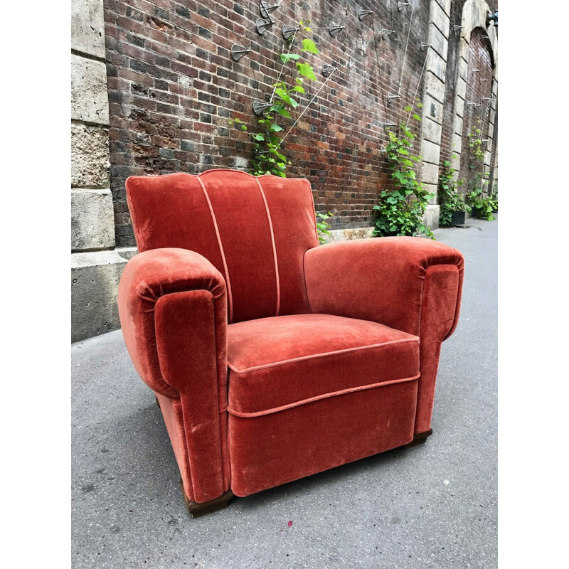 Vintage "Club" armchair in red coral velvet - 1950s