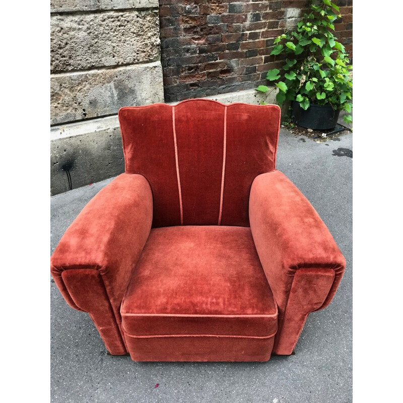 Vintage "Club" armchair in red coral velvet - 1950s