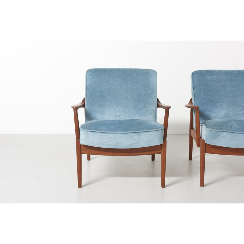 Set of 2 Blue velvet easy chair in teak by Tove & Edvard Kindt-Larsen - 1950s