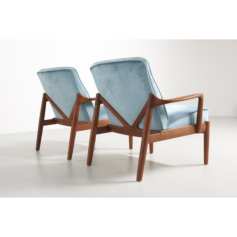Set of 2 Blue velvet easy chair in teak by Tove & Edvard Kindt-Larsen - 1950s