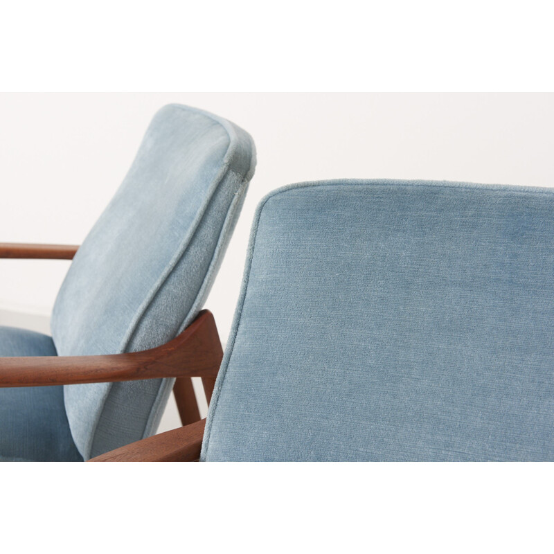 Set of 2 Blue velvet easy chair in teak by Tove & Edvard Kindt-Larsen - 1950s