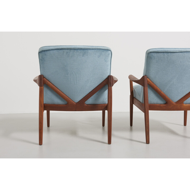 Set of 2 Blue velvet easy chair in teak by Tove & Edvard Kindt-Larsen - 1950s